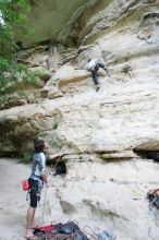 Andrew Dreher lead climbing Magster (5.10a) with Javier Morales belaying.  It was another long day of rock climbing at Seismic Wall on Austin's Barton Creek Greenbelt, Saturday, April 11, 2009.

Filename: SRM_20090411_15315084.JPG
Aperture: f/3.5
Shutter Speed: 1/250
Body: Canon EOS-1D Mark II
Lens: Canon EF 16-35mm f/2.8 L