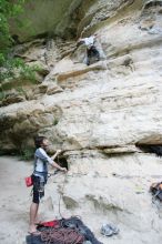 Andrew Dreher lead climbing Magster (5.10a) with Javier Morales belaying.  It was another long day of rock climbing at Seismic Wall on Austin's Barton Creek Greenbelt, Saturday, April 11, 2009.

Filename: SRM_20090411_15321988.JPG
Aperture: f/3.5
Shutter Speed: 1/250
Body: Canon EOS-1D Mark II
Lens: Canon EF 16-35mm f/2.8 L