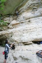 Andrew Dreher lead climbing Magster (5.10a) with Javier Morales belaying.  It was another long day of rock climbing at Seismic Wall on Austin's Barton Creek Greenbelt, Saturday, April 11, 2009.

Filename: SRM_20090411_15325090.JPG
Aperture: f/4.0
Shutter Speed: 1/250
Body: Canon EOS-1D Mark II
Lens: Canon EF 16-35mm f/2.8 L