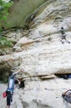 Andrew Dreher lead climbing Magster (5.10a) with Javier Morales belaying.  It was another long day of rock climbing at Seismic Wall on Austin's Barton Creek Greenbelt, Saturday, April 11, 2009.

Filename: SRM_20090411_15332792.JPG
Aperture: f/5.6
Shutter Speed: 1/100
Body: Canon EOS-1D Mark II
Lens: Canon EF 16-35mm f/2.8 L