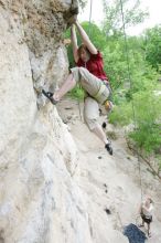 Kirsten Viering top rope climbing Diving for Rocks (5.10d), photographed from  the third bolt of Magster (5.10a).  It was another long day of rock climbing at Seismic Wall on Austin's Barton Creek Greenbelt, Saturday, April 11, 2009.

Filename: SRM_20090411_16192298.JPG
Aperture: f/4.0
Shutter Speed: 1/250
Body: Canon EOS-1D Mark II
Lens: Canon EF 16-35mm f/2.8 L