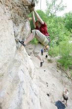 Kirsten Viering top rope climbing Diving for Rocks (5.10d), photographed from  the third bolt of Magster (5.10a).  It was another long day of rock climbing at Seismic Wall on Austin's Barton Creek Greenbelt, Saturday, April 11, 2009.

Filename: SRM_20090411_16192299.JPG
Aperture: f/4.0
Shutter Speed: 1/250
Body: Canon EOS-1D Mark II
Lens: Canon EF 16-35mm f/2.8 L