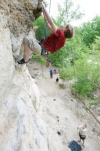 Kirsten Viering top rope climbing Diving for Rocks (5.10d), photographed from  the third bolt of Magster (5.10a).  It was another long day of rock climbing at Seismic Wall on Austin's Barton Creek Greenbelt, Saturday, April 11, 2009.

Filename: SRM_20090411_16192700.JPG
Aperture: f/4.0
Shutter Speed: 1/250
Body: Canon EOS-1D Mark II
Lens: Canon EF 16-35mm f/2.8 L