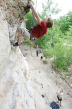 Kirsten Viering top rope climbing Diving for Rocks (5.10d), photographed from  the third bolt of Magster (5.10a).  It was another long day of rock climbing at Seismic Wall on Austin's Barton Creek Greenbelt, Saturday, April 11, 2009.

Filename: SRM_20090411_16192701.JPG
Aperture: f/4.0
Shutter Speed: 1/250
Body: Canon EOS-1D Mark II
Lens: Canon EF 16-35mm f/2.8 L