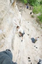 Adam Libson top rope climbing Diving for Rocks (5.10d), photographed from  the third bolt of Magster (5.10a).  It was another long day of rock climbing at Seismic Wall on Austin's Barton Creek Greenbelt, Saturday, April 11, 2009.

Filename: SRM_20090411_16233906.JPG
Aperture: f/4.0
Shutter Speed: 1/250
Body: Canon EOS-1D Mark II
Lens: Canon EF 16-35mm f/2.8 L