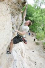 Adam Libson top rope climbing Diving for Rocks (5.10d), photographed from  the third bolt of Magster (5.10a).  It was another long day of rock climbing at Seismic Wall on Austin's Barton Creek Greenbelt, Saturday, April 11, 2009.

Filename: SRM_20090411_16242112.JPG
Aperture: f/4.0
Shutter Speed: 1/250
Body: Canon EOS-1D Mark II
Lens: Canon EF 16-35mm f/2.8 L