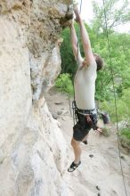 Adam Libson top rope climbing Diving for Rocks (5.10d), photographed from  the third bolt of Magster (5.10a).  It was another long day of rock climbing at Seismic Wall on Austin's Barton Creek Greenbelt, Saturday, April 11, 2009.

Filename: SRM_20090411_16242216.JPG
Aperture: f/4.0
Shutter Speed: 1/250
Body: Canon EOS-1D Mark II
Lens: Canon EF 16-35mm f/2.8 L