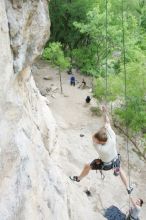 Adam Libson top rope climbing Diving for Rocks (5.10d), photographed from  the third bolt of Magster (5.10a).  It was another long day of rock climbing at Seismic Wall on Austin's Barton Creek Greenbelt, Saturday, April 11, 2009.

Filename: SRM_20090411_16242323.JPG
Aperture: f/4.0
Shutter Speed: 1/250
Body: Canon EOS-1D Mark II
Lens: Canon EF 16-35mm f/2.8 L