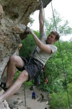 Adam Libson top rope climbing Diving for Rocks (5.10d), photographed from  the third bolt of Magster (5.10a).  It was another long day of rock climbing at Seismic Wall on Austin's Barton Creek Greenbelt, Saturday, April 11, 2009.

Filename: SRM_20090411_16252236.JPG
Aperture: f/5.0
Shutter Speed: 1/400
Body: Canon EOS-1D Mark II
Lens: Canon EF 16-35mm f/2.8 L