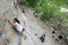 Charlotte Sanders top rope climbing Diving for Rocks (5.10d), photographed from  the third bolt of Magster (5.10a).  It was another long day of rock climbing at Seismic Wall on Austin's Barton Creek Greenbelt, Saturday, April 11, 2009.

Filename: SRM_20090411_16313143.JPG
Aperture: f/5.6
Shutter Speed: 1/320
Body: Canon EOS-1D Mark II
Lens: Canon EF 16-35mm f/2.8 L