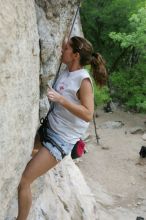 Charlotte Sanders top rope climbing Diving for Rocks (5.10d), photographed from  the third bolt of Magster (5.10a).  It was another long day of rock climbing at Seismic Wall on Austin's Barton Creek Greenbelt, Saturday, April 11, 2009.

Filename: SRM_20090411_16342553.JPG
Aperture: f/5.6
Shutter Speed: 1/320
Body: Canon EOS-1D Mark II
Lens: Canon EF 16-35mm f/2.8 L