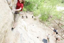 Kirsten Viering top rope climbing Diving for Rocks (5.10d), photographed from  the third bolt of Magster (5.10a).  It was another long day of rock climbing at Seismic Wall on Austin's Barton Creek Greenbelt, Saturday, April 11, 2009.

Filename: SRM_20090411_16364859.JPG
Aperture: f/5.6
Shutter Speed: 1/200
Body: Canon EOS-1D Mark II
Lens: Canon EF 16-35mm f/2.8 L