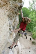 Kirsten Viering top rope climbing Diving for Rocks (5.10d), photographed from  the third bolt of Magster (5.10a).  It was another long day of rock climbing at Seismic Wall on Austin's Barton Creek Greenbelt, Saturday, April 11, 2009.

Filename: SRM_20090411_16374362.JPG
Aperture: f/5.6
Shutter Speed: 1/320
Body: Canon EOS-1D Mark II
Lens: Canon EF 16-35mm f/2.8 L