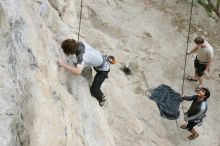 Andrew Dreher top rope climbing Diving for Rocks (5.10d) with Javier Morales belaying, photographed from  the third bolt of Magster (5.10a).  It was another long day of rock climbing at Seismic Wall on Austin's Barton Creek Greenbelt, Saturday, April 11, 2009.

Filename: SRM_20090411_16410869.JPG
Aperture: f/5.6
Shutter Speed: 1/320
Body: Canon EOS-1D Mark II
Lens: Canon EF 16-35mm f/2.8 L