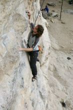 Andrew Dreher top rope climbing Diving for Rocks (5.10d), photographed from  the third bolt of Magster (5.10a).  It was another long day of rock climbing at Seismic Wall on Austin's Barton Creek Greenbelt, Saturday, April 11, 2009.

Filename: SRM_20090411_16413073.JPG
Aperture: f/5.6
Shutter Speed: 1/320
Body: Canon EOS-1D Mark II
Lens: Canon EF 16-35mm f/2.8 L