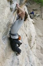 Andrew Dreher top rope climbing Diving for Rocks (5.10d), photographed from  the third bolt of Magster (5.10a).  It was another long day of rock climbing at Seismic Wall on Austin's Barton Creek Greenbelt, Saturday, April 11, 2009.

Filename: SRM_20090411_16415877.JPG
Aperture: f/5.6
Shutter Speed: 1/320
Body: Canon EOS-1D Mark II
Lens: Canon EF 16-35mm f/2.8 L