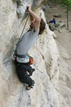 Andrew Dreher top rope climbing Diving for Rocks (5.10d), photographed from  the third bolt of Magster (5.10a).  It was another long day of rock climbing at Seismic Wall on Austin's Barton Creek Greenbelt, Saturday, April 11, 2009.

Filename: SRM_20090411_16415978.JPG
Aperture: f/5.6
Shutter Speed: 1/320
Body: Canon EOS-1D Mark II
Lens: Canon EF 16-35mm f/2.8 L