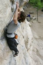 Andrew Dreher top rope climbing Diving for Rocks (5.10d), photographed from  the third bolt of Magster (5.10a).  It was another long day of rock climbing at Seismic Wall on Austin's Barton Creek Greenbelt, Saturday, April 11, 2009.

Filename: SRM_20090411_16420183.JPG
Aperture: f/5.6
Shutter Speed: 1/320
Body: Canon EOS-1D Mark II
Lens: Canon EF 16-35mm f/2.8 L