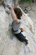 Andrew Dreher top rope climbing Diving for Rocks (5.10d), photographed from  the third bolt of Magster (5.10a).  It was another long day of rock climbing at Seismic Wall on Austin's Barton Creek Greenbelt, Saturday, April 11, 2009.

Filename: SRM_20090411_16421889.JPG
Aperture: f/5.6
Shutter Speed: 1/320
Body: Canon EOS-1D Mark II
Lens: Canon EF 16-35mm f/2.8 L