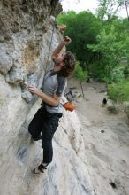 Andrew Dreher top rope climbing Diving for Rocks (5.10d), photographed from  the third bolt of Magster (5.10a).  It was another long day of rock climbing at Seismic Wall on Austin's Barton Creek Greenbelt, Saturday, April 11, 2009.

Filename: SRM_20090411_16423892.JPG
Aperture: f/5.6
Shutter Speed: 1/320
Body: Canon EOS-1D Mark II
Lens: Canon EF 16-35mm f/2.8 L