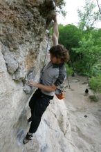 Andrew Dreher top rope climbing Diving for Rocks (5.10d), photographed from  the third bolt of Magster (5.10a).  It was another long day of rock climbing at Seismic Wall on Austin's Barton Creek Greenbelt, Saturday, April 11, 2009.

Filename: SRM_20090411_16423900.JPG
Aperture: f/5.6
Shutter Speed: 1/320
Body: Canon EOS-1D Mark II
Lens: Canon EF 16-35mm f/2.8 L