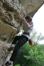 Andrew Dreher top rope climbing Diving for Rocks (5.10d), photographed from  the third bolt of Magster (5.10a).  It was another long day of rock climbing at Seismic Wall on Austin's Barton Creek Greenbelt, Saturday, April 11, 2009.

Filename: SRM_20090411_16430110.JPG
Aperture: f/5.6
Shutter Speed: 1/320
Body: Canon EOS-1D Mark II
Lens: Canon EF 16-35mm f/2.8 L