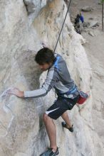 Javier Morales top rope climbing Diving for Rocks (5.10d), photographed from  the third bolt of Magster (5.10a).  It was another long day of rock climbing at Seismic Wall on Austin's Barton Creek Greenbelt, Saturday, April 11, 2009.

Filename: SRM_20090411_16481313.JPG
Aperture: f/5.6
Shutter Speed: 1/320
Body: Canon EOS-1D Mark II
Lens: Canon EF 16-35mm f/2.8 L