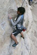 Javier Morales top rope climbing Diving for Rocks (5.10d), photographed from  the third bolt of Magster (5.10a).  It was another long day of rock climbing at Seismic Wall on Austin's Barton Creek Greenbelt, Saturday, April 11, 2009.

Filename: SRM_20090411_16481616.JPG
Aperture: f/5.6
Shutter Speed: 1/320
Body: Canon EOS-1D Mark II
Lens: Canon EF 16-35mm f/2.8 L