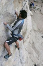 Javier Morales top rope climbing Diving for Rocks (5.10d), photographed from  the third bolt of Magster (5.10a).  It was another long day of rock climbing at Seismic Wall on Austin's Barton Creek Greenbelt, Saturday, April 11, 2009.

Filename: SRM_20090411_16481818.JPG
Aperture: f/5.6
Shutter Speed: 1/320
Body: Canon EOS-1D Mark II
Lens: Canon EF 16-35mm f/2.8 L