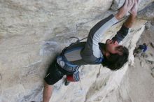 Javier Morales top rope climbing Diving for Rocks (5.10d), photographed from  the third bolt of Magster (5.10a).  It was another long day of rock climbing at Seismic Wall on Austin's Barton Creek Greenbelt, Saturday, April 11, 2009.

Filename: SRM_20090411_16483223.JPG
Aperture: f/5.6
Shutter Speed: 1/320
Body: Canon EOS-1D Mark II
Lens: Canon EF 16-35mm f/2.8 L