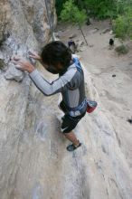 Javier Morales top rope climbing Diving for Rocks (5.10d), photographed from  the third bolt of Magster (5.10a).  It was another long day of rock climbing at Seismic Wall on Austin's Barton Creek Greenbelt, Saturday, April 11, 2009.

Filename: SRM_20090411_16485030.JPG
Aperture: f/5.6
Shutter Speed: 1/320
Body: Canon EOS-1D Mark II
Lens: Canon EF 16-35mm f/2.8 L