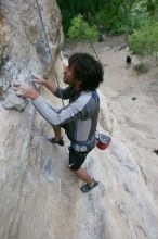 Javier Morales top rope climbing Diving for Rocks (5.10d), photographed from  the third bolt of Magster (5.10a).  It was another long day of rock climbing at Seismic Wall on Austin's Barton Creek Greenbelt, Saturday, April 11, 2009.

Filename: SRM_20090411_16485131.JPG
Aperture: f/5.6
Shutter Speed: 1/320
Body: Canon EOS-1D Mark II
Lens: Canon EF 16-35mm f/2.8 L