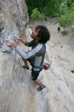 Javier Morales top rope climbing Diving for Rocks (5.10d), photographed from  the third bolt of Magster (5.10a).  It was another long day of rock climbing at Seismic Wall on Austin's Barton Creek Greenbelt, Saturday, April 11, 2009.

Filename: SRM_20090411_16485132.JPG
Aperture: f/5.6
Shutter Speed: 1/320
Body: Canon EOS-1D Mark II
Lens: Canon EF 16-35mm f/2.8 L