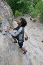 Javier Morales top rope climbing Diving for Rocks (5.10d), photographed from  the third bolt of Magster (5.10a).  It was another long day of rock climbing at Seismic Wall on Austin's Barton Creek Greenbelt, Saturday, April 11, 2009.

Filename: SRM_20090411_16485134.JPG
Aperture: f/5.6
Shutter Speed: 1/320
Body: Canon EOS-1D Mark II
Lens: Canon EF 16-35mm f/2.8 L