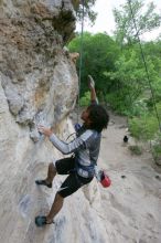 Javier Morales top rope climbing Diving for Rocks (5.10d), photographed from  the third bolt of Magster (5.10a).  It was another long day of rock climbing at Seismic Wall on Austin's Barton Creek Greenbelt, Saturday, April 11, 2009.

Filename: SRM_20090411_16485444.JPG
Aperture: f/5.6
Shutter Speed: 1/320
Body: Canon EOS-1D Mark II
Lens: Canon EF 16-35mm f/2.8 L