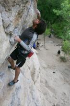 Javier Morales top rope climbing Diving for Rocks (5.10d), photographed from  the third bolt of Magster (5.10a).  It was another long day of rock climbing at Seismic Wall on Austin's Barton Creek Greenbelt, Saturday, April 11, 2009.

Filename: SRM_20090411_16491446.JPG
Aperture: f/5.6
Shutter Speed: 1/320
Body: Canon EOS-1D Mark II
Lens: Canon EF 16-35mm f/2.8 L