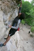 Javier Morales top rope climbing Diving for Rocks (5.10d), photographed from  the third bolt of Magster (5.10a).  It was another long day of rock climbing at Seismic Wall on Austin's Barton Creek Greenbelt, Saturday, April 11, 2009.

Filename: SRM_20090411_16491448.JPG
Aperture: f/5.6
Shutter Speed: 1/320
Body: Canon EOS-1D Mark II
Lens: Canon EF 16-35mm f/2.8 L