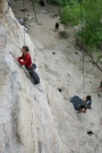 Me top rope climbing Diving for Rocks (5.10d) with Javier Morales belaying, photographed from  the third bolt of Magster (5.10a) by Andrew Dreher.  It was another long day of rock climbing at Seismic Wall on Austin's Barton Creek Greenbelt, Saturday, April 11, 2009.

Filename: SRM_20090411_17025872.JPG
Aperture: f/5.6
Shutter Speed: 1/250
Body: Canon EOS-1D Mark II
Lens: Canon EF 16-35mm f/2.8 L