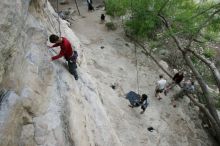 Me top rope climbing Diving for Rocks (5.10d) with Javier Morales belaying, photographed from  the third bolt of Magster (5.10a) by Andrew Dreher.  It was another long day of rock climbing at Seismic Wall on Austin's Barton Creek Greenbelt, Saturday, April 11, 2009.

Filename: SRM_20090411_17033675.JPG
Aperture: f/5.6
Shutter Speed: 1/320
Body: Canon EOS-1D Mark II
Lens: Canon EF 16-35mm f/2.8 L