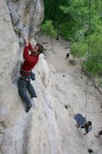 Me top rope climbing Diving for Rocks (5.10d) with Javier Morales belaying, photographed from  the third bolt of Magster (5.10a) by Andrew Dreher.  It was another long day of rock climbing at Seismic Wall on Austin's Barton Creek Greenbelt, Saturday, April 11, 2009.

Filename: SRM_20090411_17044287.JPG
Aperture: f/5.6
Shutter Speed: 1/320
Body: Canon EOS-1D Mark II
Lens: Canon EF 16-35mm f/2.8 L