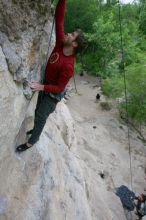 Me top rope climbing Diving for Rocks (5.10d) with Javier Morales belaying, photographed from  the third bolt of Magster (5.10a) by Andrew Dreher.  It was another long day of rock climbing at Seismic Wall on Austin's Barton Creek Greenbelt, Saturday, April 11, 2009.

Filename: SRM_20090411_17051194.JPG
Aperture: f/5.6
Shutter Speed: 1/320
Body: Canon EOS-1D Mark II
Lens: Canon EF 16-35mm f/2.8 L