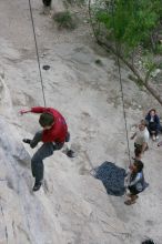 Me top rope climbing Diving for Rocks (5.10d) with Javier Morales belaying, photographed from  the third bolt of Magster (5.10a) by Andrew Dreher.  It was another long day of rock climbing at Seismic Wall on Austin's Barton Creek Greenbelt, Saturday, April 11, 2009.

Filename: SRM_20090411_17052901.JPG
Aperture: f/5.6
Shutter Speed: 1/320
Body: Canon EOS-1D Mark II
Lens: Canon EF 16-35mm f/2.8 L