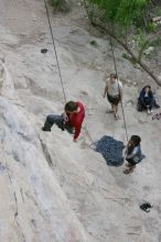 Me top rope climbing Diving for Rocks (5.10d) with Javier Morales belaying, photographed from  the third bolt of Magster (5.10a) by Andrew Dreher.  It was another long day of rock climbing at Seismic Wall on Austin's Barton Creek Greenbelt, Saturday, April 11, 2009.

Filename: SRM_20090411_17053902.JPG
Aperture: f/5.6
Shutter Speed: 1/320
Body: Canon EOS-1D Mark II
Lens: Canon EF 16-35mm f/2.8 L