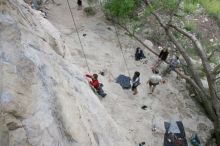 Me top rope climbing Diving for Rocks (5.10d) with Javier Morales belaying, photographed from  the third bolt of Magster (5.10a) by Andrew Dreher.  It was another long day of rock climbing at Seismic Wall on Austin's Barton Creek Greenbelt, Saturday, April 11, 2009.

Filename: SRM_20090411_17061103.JPG
Aperture: f/5.6
Shutter Speed: 1/320
Body: Canon EOS-1D Mark II
Lens: Canon EF 16-35mm f/2.8 L