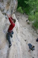 Me top rope climbing Diving for Rocks (5.10d) with Javier Morales belaying, photographed from  the third bolt of Magster (5.10a) by Andrew Dreher.  It was another long day of rock climbing at Seismic Wall on Austin's Barton Creek Greenbelt, Saturday, April 11, 2009.

Filename: SRM_20090411_17075722.JPG
Aperture: f/5.6
Shutter Speed: 1/320
Body: Canon EOS-1D Mark II
Lens: Canon EF 16-35mm f/2.8 L