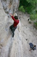 Me top rope climbing Diving for Rocks (5.10d) with Javier Morales belaying, photographed from  the third bolt of Magster (5.10a) by Andrew Dreher.  It was another long day of rock climbing at Seismic Wall on Austin's Barton Creek Greenbelt, Saturday, April 11, 2009.

Filename: SRM_20090411_17080524.JPG
Aperture: f/5.6
Shutter Speed: 1/320
Body: Canon EOS-1D Mark II
Lens: Canon EF 16-35mm f/2.8 L