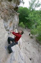 Me top rope climbing Diving for Rocks (5.10d), photographed from  the third bolt of Magster (5.10a) by Andrew Dreher.  It was another long day of rock climbing at Seismic Wall on Austin's Barton Creek Greenbelt, Saturday, April 11, 2009.

Filename: SRM_20090411_17080928.JPG
Aperture: f/5.6
Shutter Speed: 1/320
Body: Canon EOS-1D Mark II
Lens: Canon EF 16-35mm f/2.8 L