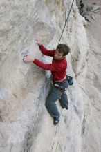 Me top rope climbing Diving for Rocks (5.10d), photographed from  the third bolt of Magster (5.10a) by Andrew Dreher.  It was another long day of rock climbing at Seismic Wall on Austin's Barton Creek Greenbelt, Saturday, April 11, 2009.

Filename: SRM_20090411_17095640.JPG
Aperture: f/5.6
Shutter Speed: 1/320
Body: Canon EOS-1D Mark II
Lens: Canon EF 16-35mm f/2.8 L