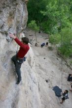 Me top rope climbing Diving for Rocks (5.10d) with Javier Morales belaying, photographed from  the third bolt of Magster (5.10a) by Andrew Dreher.  It was another long day of rock climbing at Seismic Wall on Austin's Barton Creek Greenbelt, Saturday, April 11, 2009.

Filename: SRM_20090411_17102652.JPG
Aperture: f/5.6
Shutter Speed: 1/320
Body: Canon EOS-1D Mark II
Lens: Canon EF 16-35mm f/2.8 L