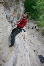 Me top rope climbing Diving for Rocks (5.10d), photographed from  the third bolt of Magster (5.10a) by Andrew Dreher.  It was another long day of rock climbing at Seismic Wall on Austin's Barton Creek Greenbelt, Saturday, April 11, 2009.

Filename: SRM_20090411_17103659.JPG
Aperture: f/5.6
Shutter Speed: 1/320
Body: Canon EOS-1D Mark II
Lens: Canon EF 16-35mm f/2.8 L